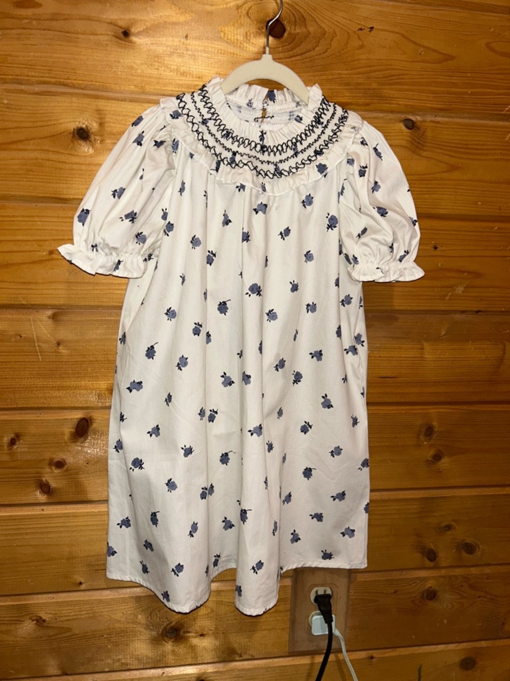 SHEIN White Dress with Navy Floral Smocked Yoke and Puff Sleeves